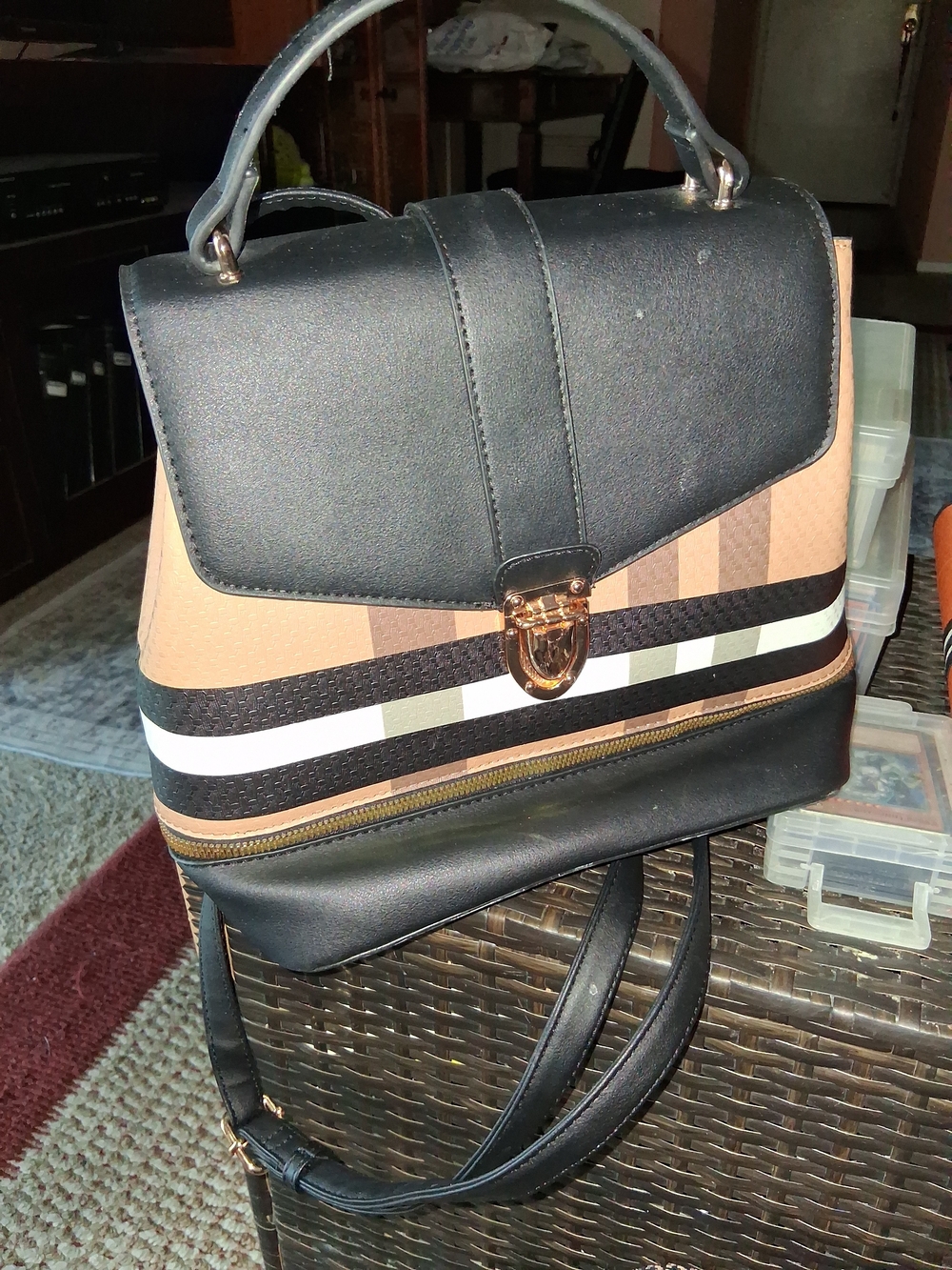 Black and Tan Striped Top-Handle Backpack Purse